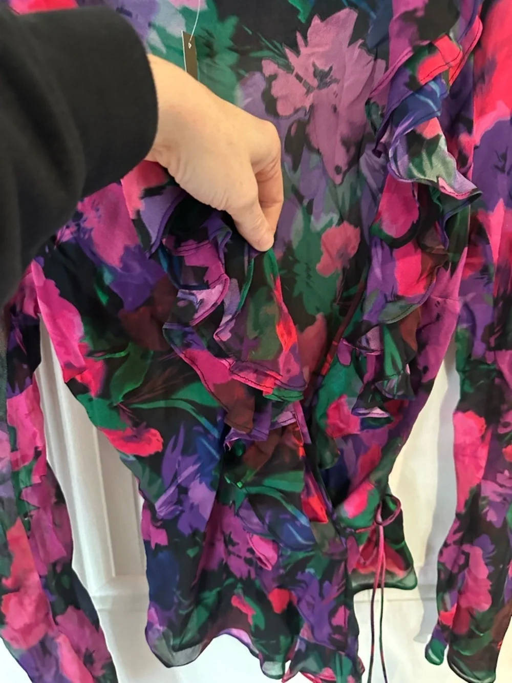 J. Crew Vibrant Floral Ruffle Wrap Blouse in Purple, Green, Pink romantic fairy